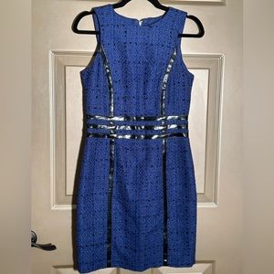 Michael Kors Blue Tweed Black Patent Leather Stripe Accent Sleeveless Dress Sz 4
